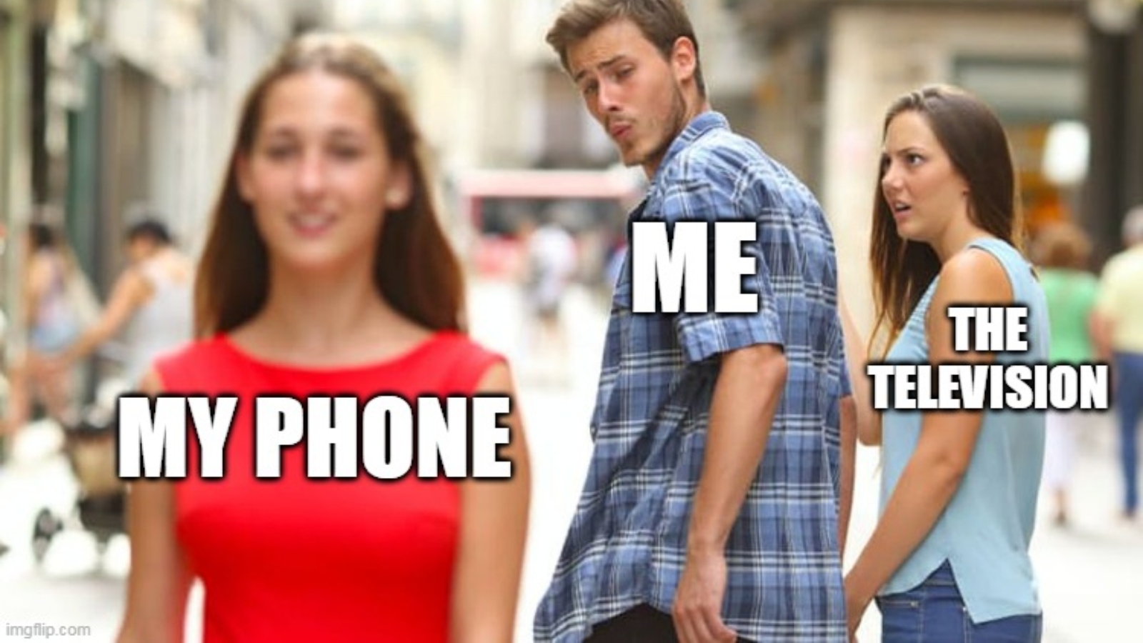 distracted boyfriend meme about phone vs TV