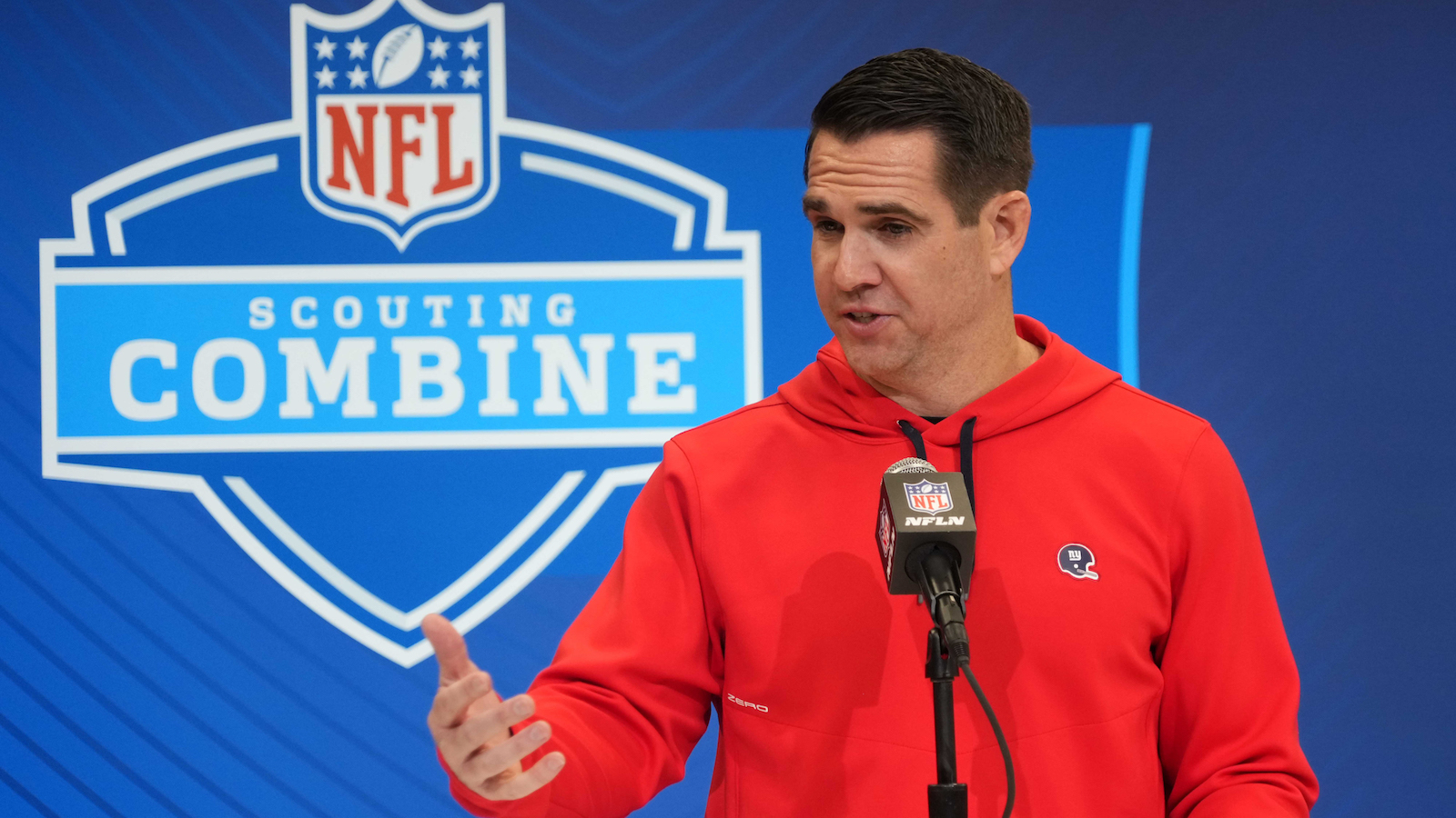 Feb 25, 2025; Indianapolis, IN, USA; New York Giants general manager Joe Schoen sspeaks during the NFL Scouting Combine at the Indiana Convention Center. Mandatory Credit: Kirby Lee-Imagn Images