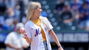 Aug 15, 2024; New York City, New York, USA; Viral internet star Haliey Welch throws out a ceremonial first pitch before a game between the New York Mets and the Oakland Athletics at Citi Field. Mandatory Credit: Brad Penner-USA TODAY Sports