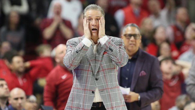 Arkansas basketball coach John Calipari reacts from the bench.