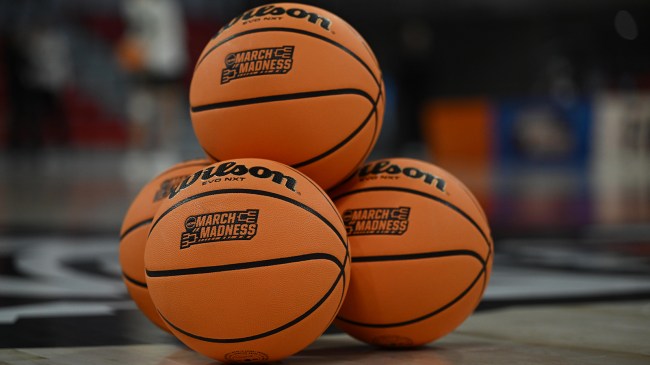 pile of basketballs with March Madness logo