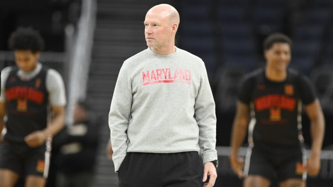 Maryland basketball coach Kevin Willard on the court during practice.
