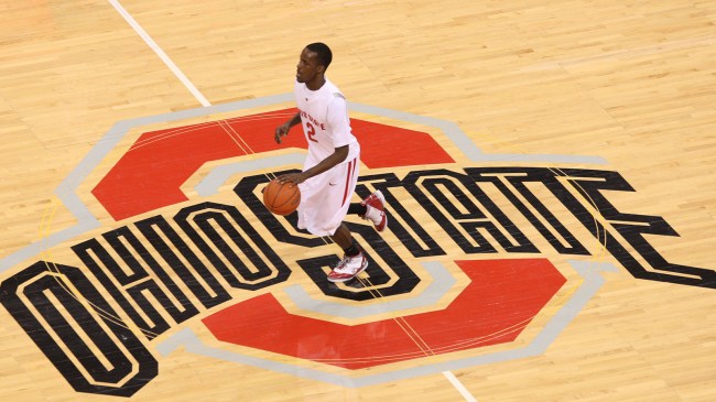 Ohio State logo on basketball court