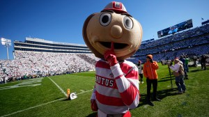 Ohio State mascot Brutus on the field during a football game.