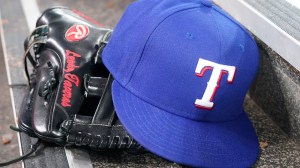 Texas Rangers baseball hat and glove