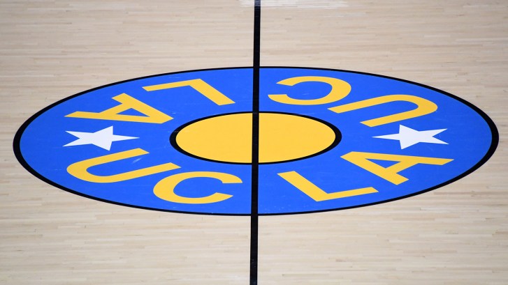 UCLA logo on basketball court