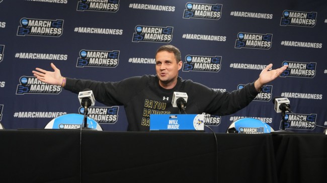 McNeese basketball coach Will Wade speaks at the NCAA Tournament.