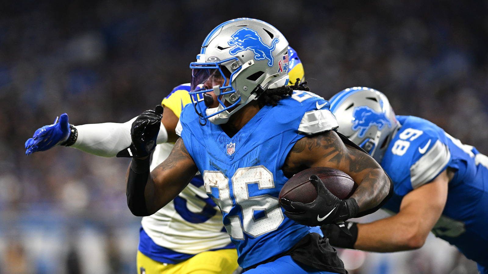 thumbnail interactive-video image 1 of Jahmyr Gibbs #0 Detroit Lions Stitched Football Jersey - Black/White/Blue 1 of 5