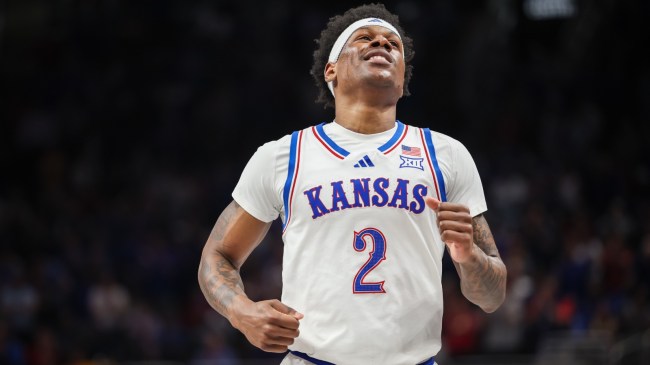 AJ Storr on the floor for the Kansas basketball team.