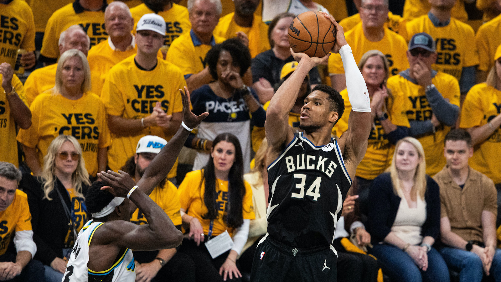 Apr 29, 2025; Indianapolis, Indiana, USA; Milwaukee Bucks forward Giannis Antetokounmpo (34) shoots the ball while Indiana Pacers forward Pascal Siakam (43) defends during game five of the first round for the 2024 NBA Playoffs at Gainbridge Fieldhouse. Mandatory Credit: Trevor Ruszkowski-Imagn Images