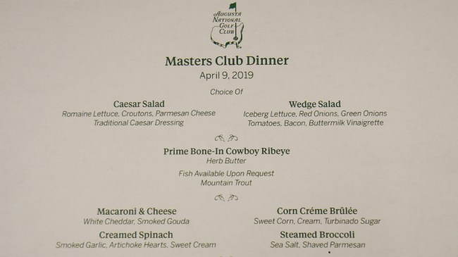 The Masters Champions Dinner menu in 2019