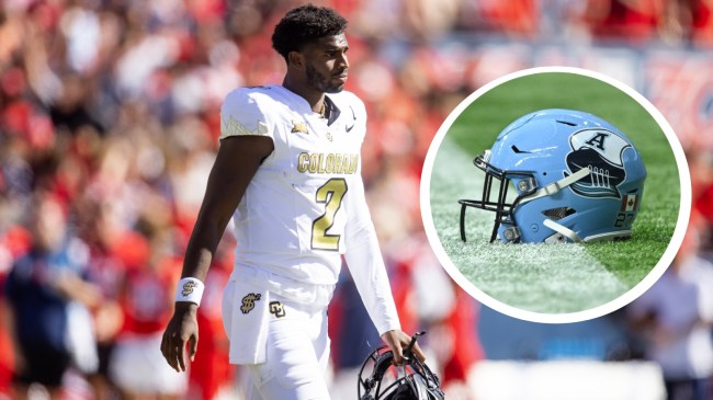 Shedeur Sanders walks off the field during a Colorado football game.