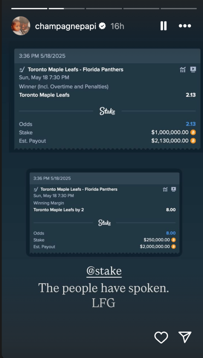 Drake bet on Maple Leafs vs Panthers Game 7