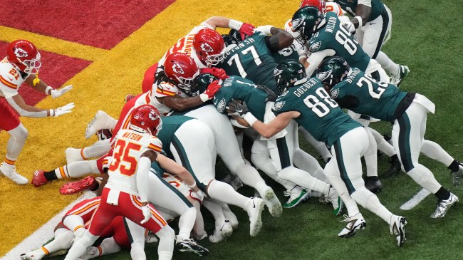 Eagle attempting tush push in Super Bowl against the Chiefs