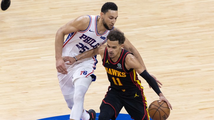Ben Simmons guards Trae Young during Hawks vs 76ers 2021 playoff game