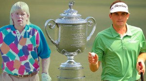 John Daly and Keegan Bradley next to PGA Championship trophy