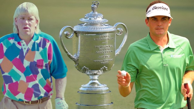 John Daly and Keegan Bradley next to PGA Championship trophy