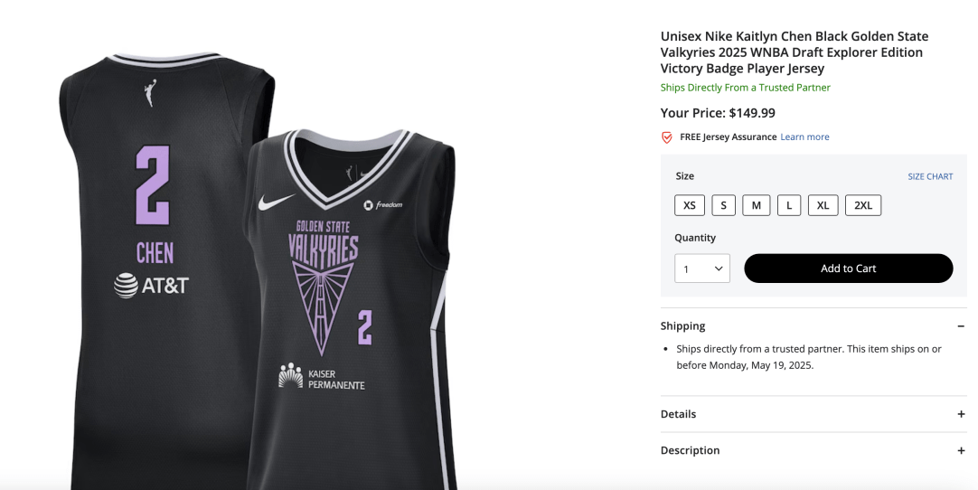 Kaitlyn Chen WNBA Jersey Cost