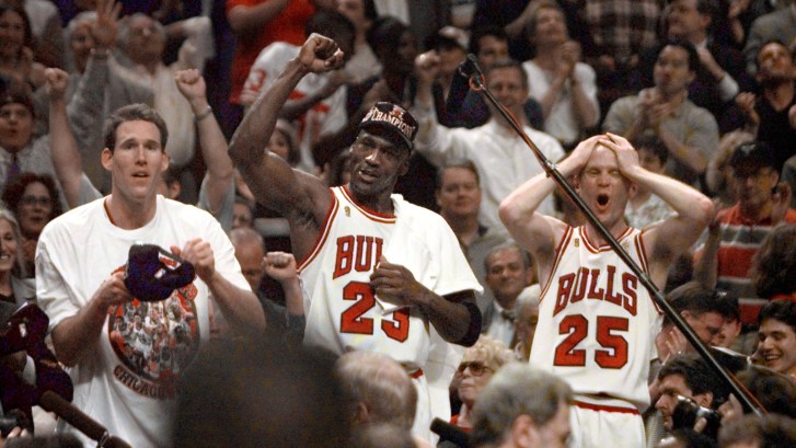 Michael Jordan celebrating winning 1997 NBA Championship