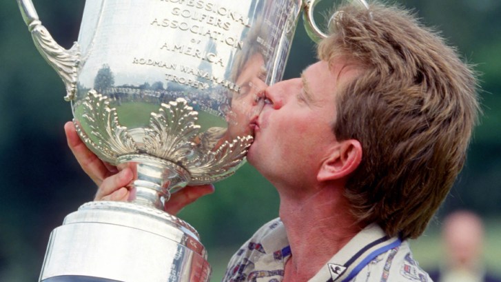 Nick Price kissing Wanamaker Trophy after winning 1994 PGA Championship