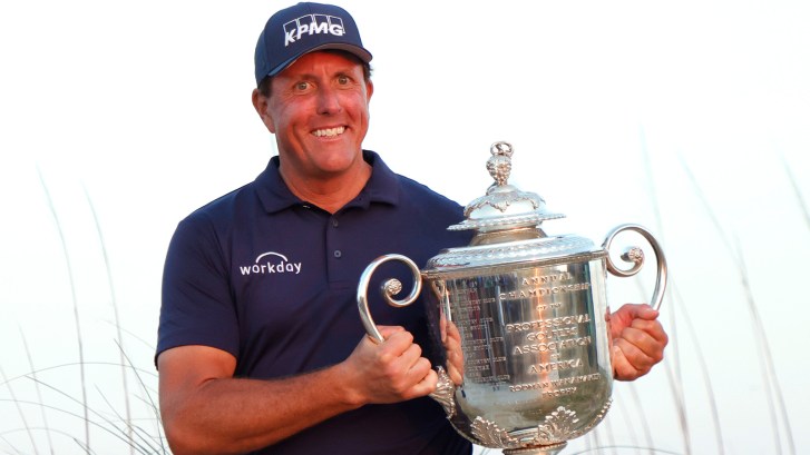 Phil Mickelson holding Wanamaker Trophy after winning 2021 PGA Championship