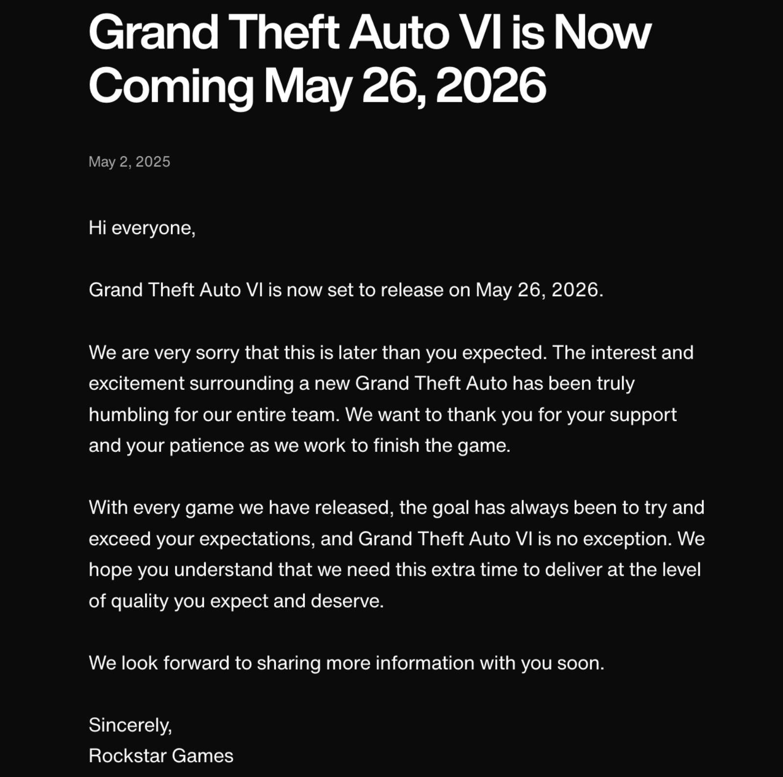 Rockstar Games announces delay of Grand Theft Auto GTA VI until May 2026