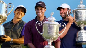 Rory McIlroy, Tiger Woods, and Scottie Scheffler with PGA Championship trophy
