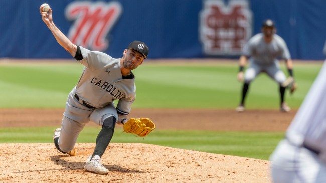 South Carolina baseball player Roman Kimball delivers a pitch.