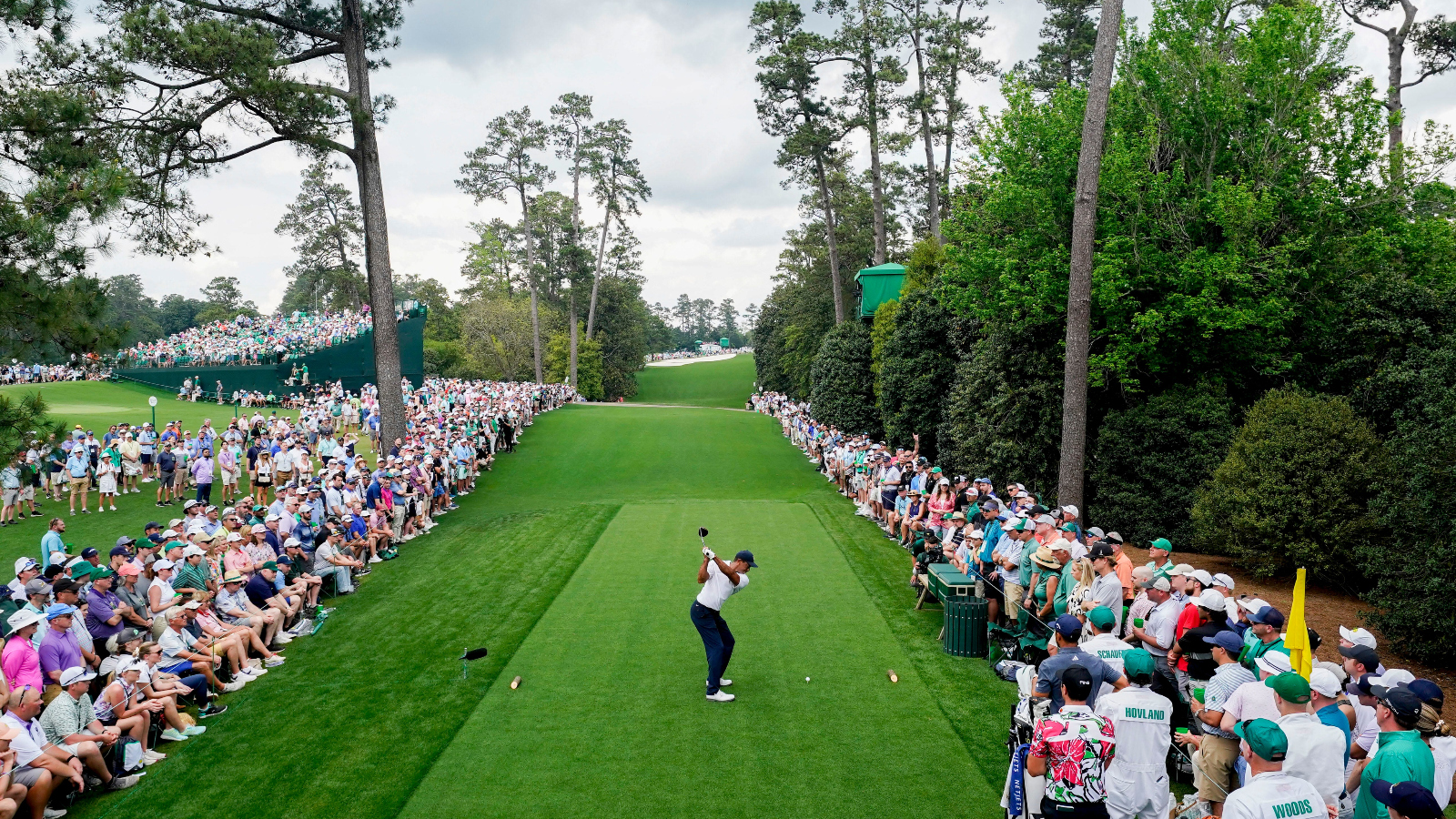 Tiger Woods teeing off at the 18th hole at Augusta National