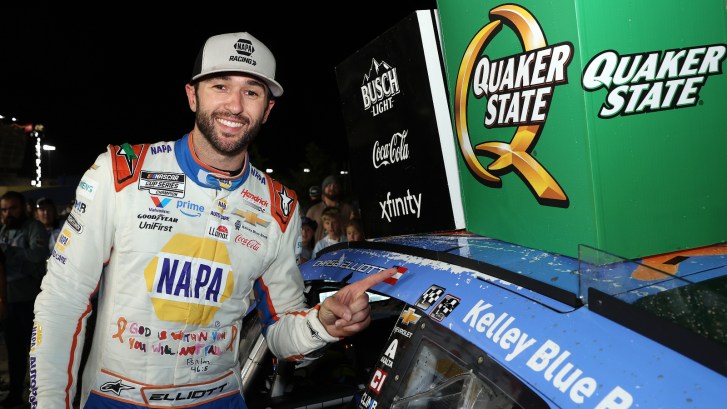 Chase Elliott Celebrates after winning NASCAR Cup Series race at Atlanta