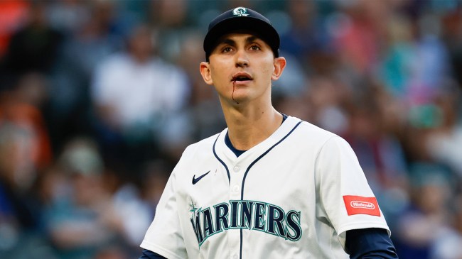 George-Kirby-of-the-Seattle-Mariners-reacts-after-taking-a-ball-to-the-face