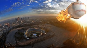 baseball going into the sun out of Dodger Stadium in Los Angeles