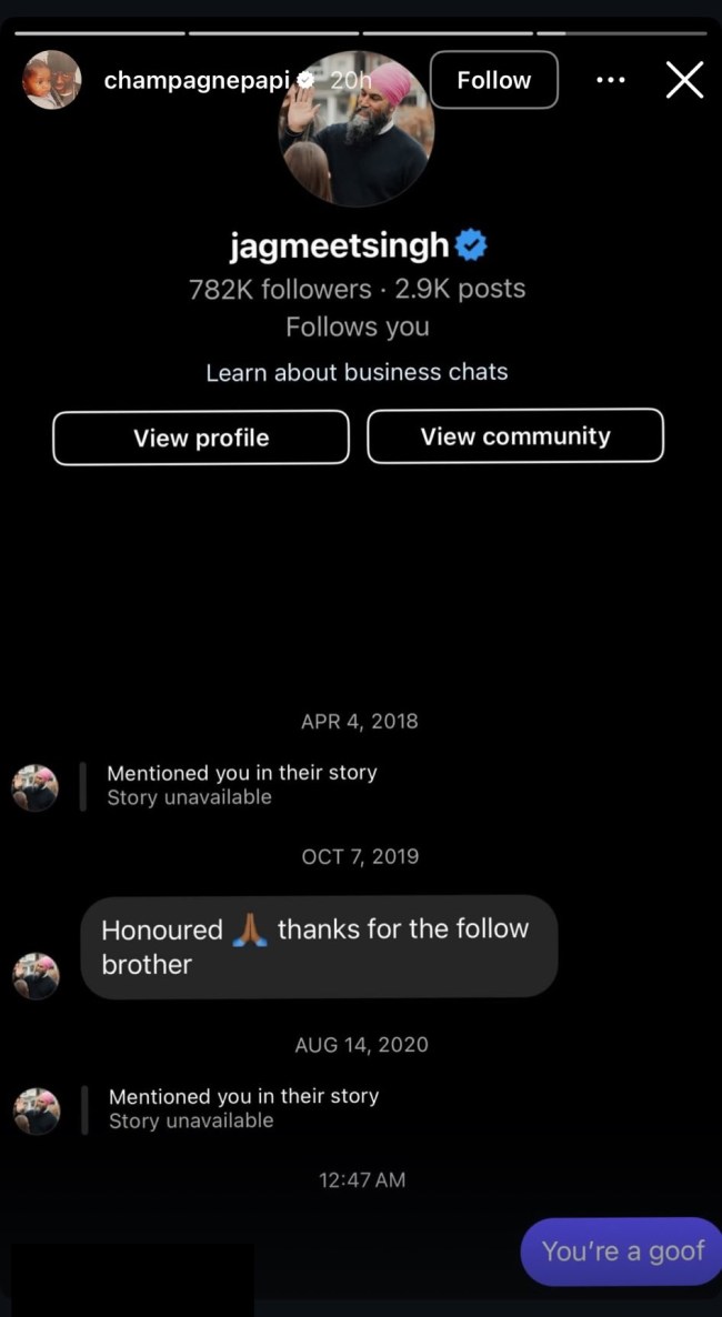 Drake calling Jagmeet Singh a goof