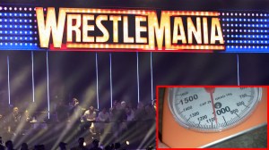maxed out scale in front of Wrestlemania logo