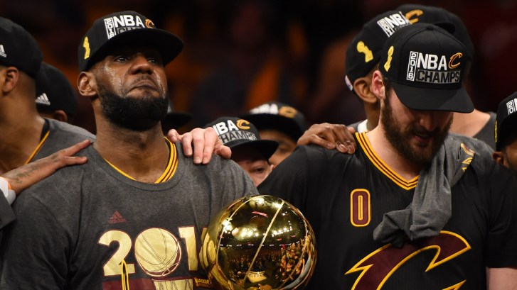 LeBron James and Kevin Love after Cavaliers won 2016 NBA Finals