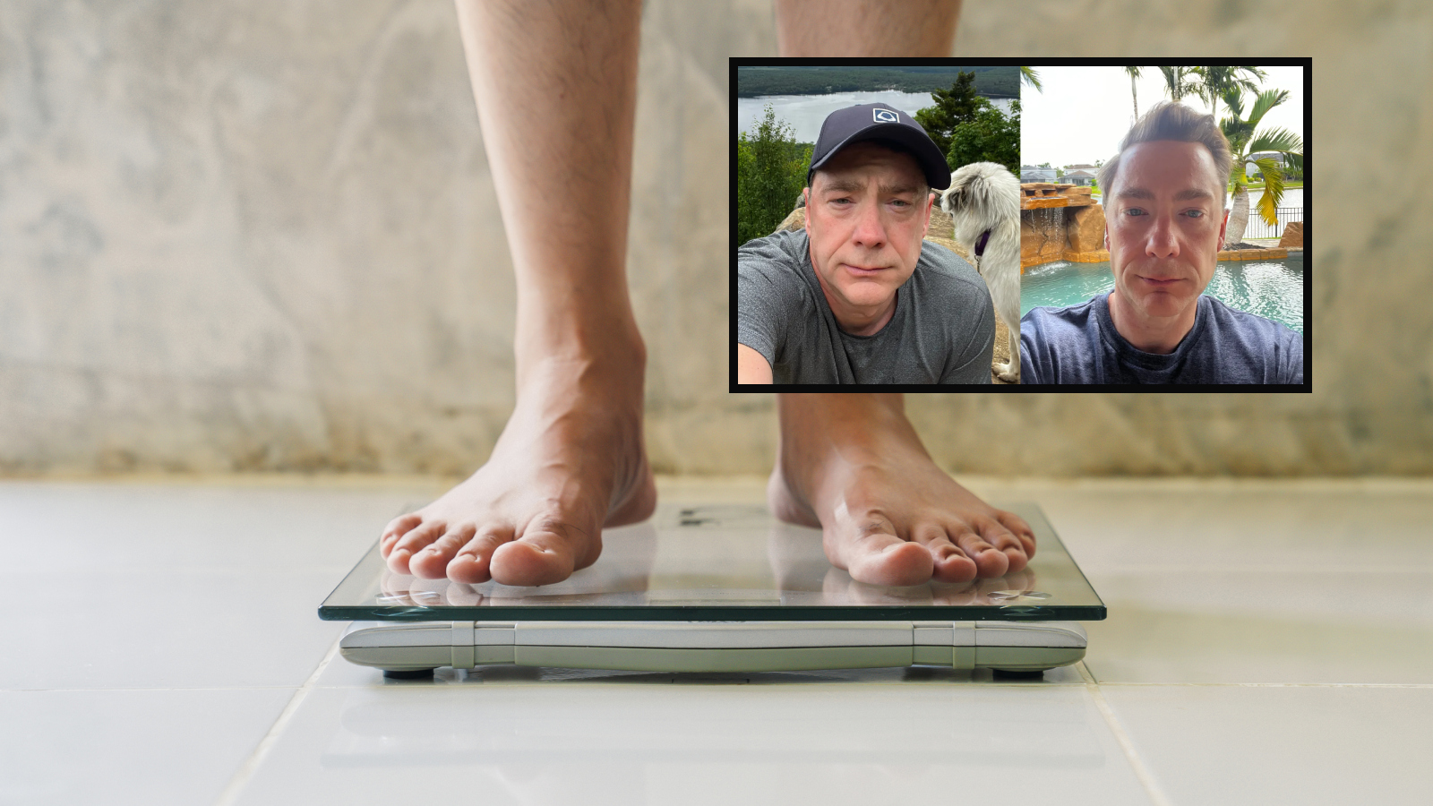 man standing on scale with before and after photos