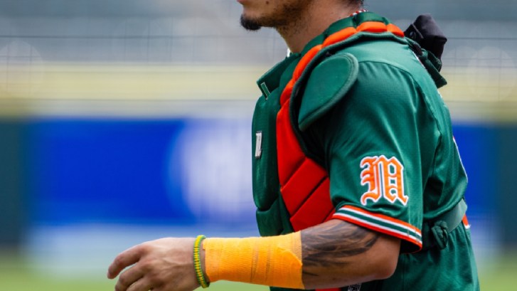 Miami Hurricanes logo on a baseball jersey