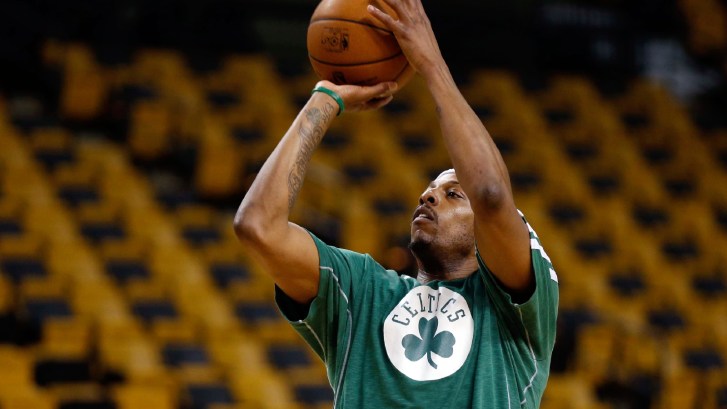 Paul Pierce warms up before a game