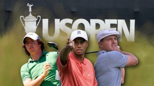 Rory McIlroy, Tiger Woods, and Bryson DeChambeau in front of U.S. Open logo