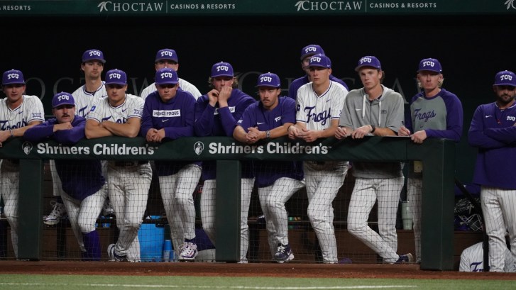 The TCU baseball team in the dugout