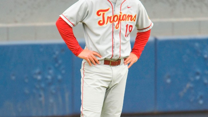 A USC Trojans logo on a baseball jersey