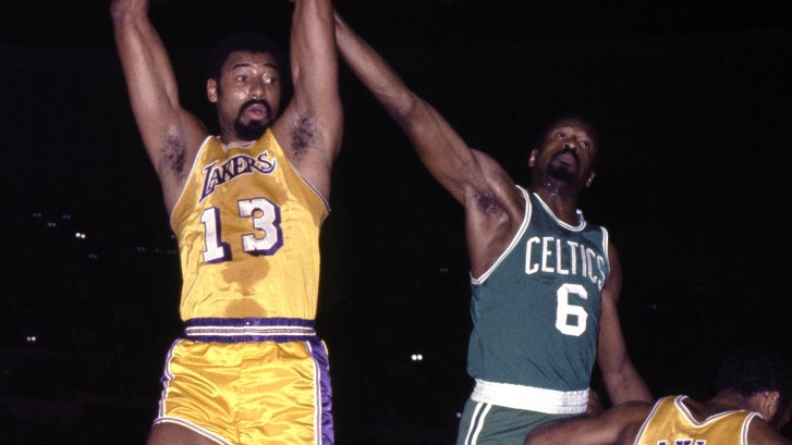 Wilt Chamberlain and Bill Russell during Celtics-Lakers game in 1969