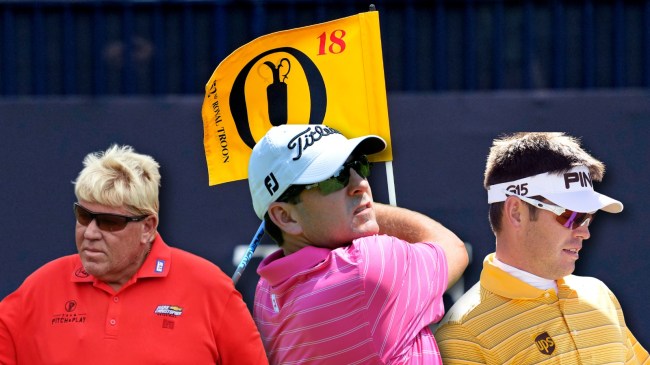 John Daly, Ben Curtis, and Louis Oosthuizen in front of flag with British Open logo