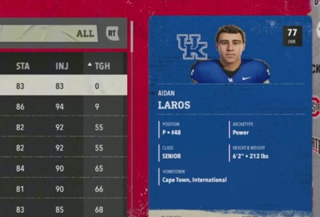 Aidan Laros Kentucky Punter Toughness Rating College Football 26