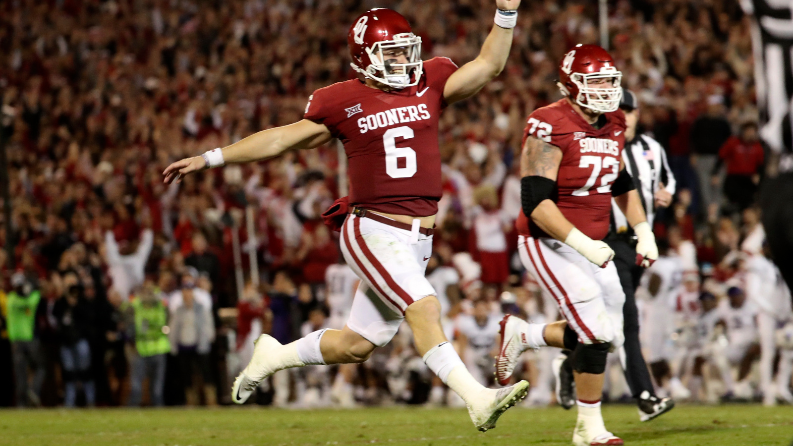 Baker Mayfield celebrating on the field hated by opposing fans