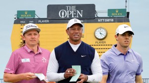 Cameron Smith, Tiger Woods, and Rory McIlroy in front of British Open leaderboard