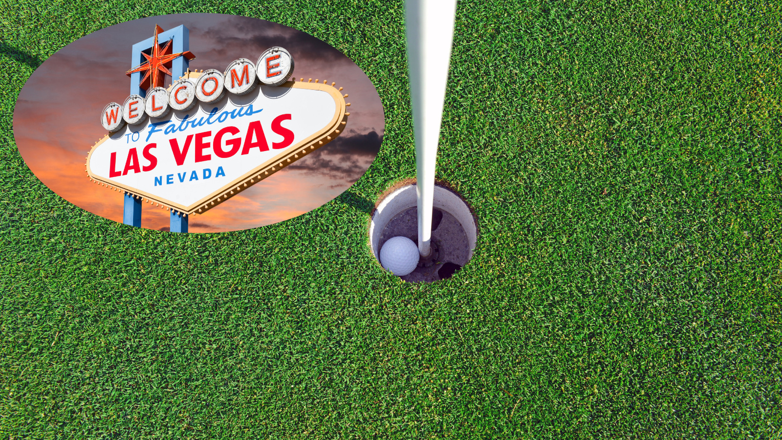 golf ball in a hole next to Las Vegas sign