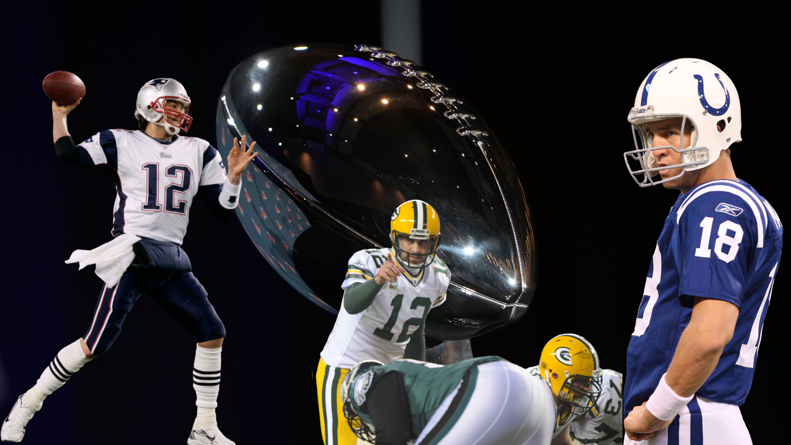 Lombardi Trophy with Tom Brady, Aaron Rodgers, and Peyton Manning