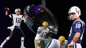 Lombardi Trophy with Tom Brady, Aaron Rodgers, and Peyton Manning