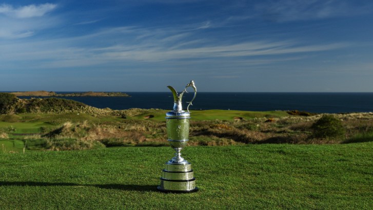 Open Championship Claret Jug on display at Royal Portrush Golf Club fifth hole tee box